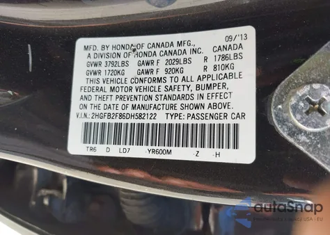 2013 Honda Civic Ex из США, поврежденный, VIN 2HGFB2F86DH582122